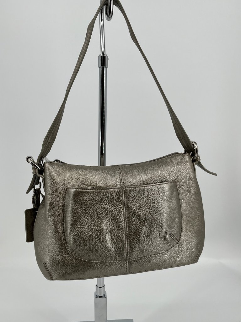 Tignanello Pebbled Leather Shoulder Bag Metallic Silver Zip Pocket Charm Tag